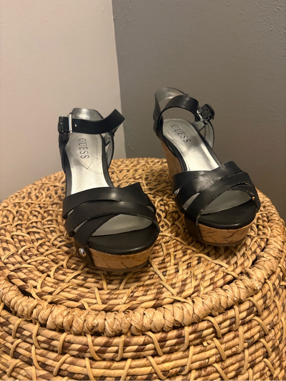 GUESS Black Leather Cork Wedge Sandals with Ankle Strap